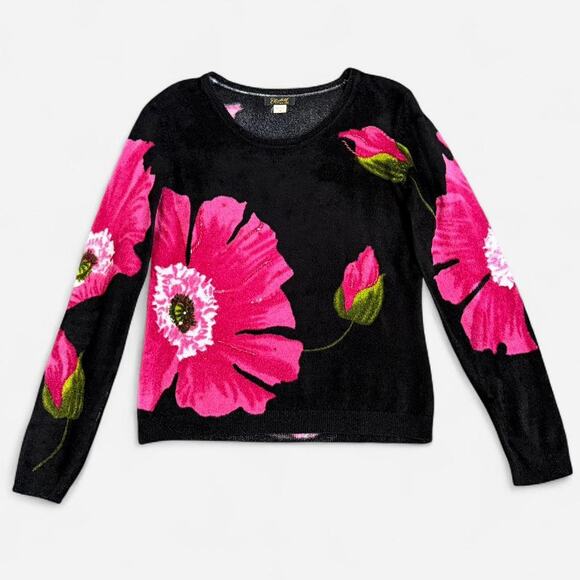 Y2K Elizabeth NY Black & Pink Floral Graphic Beaded Rhinestone Fuzzy Sweater M - Picture 6 of 8